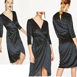 ZARA dark green cream velvet polkadot V-neck wrap dress ruched Sz S